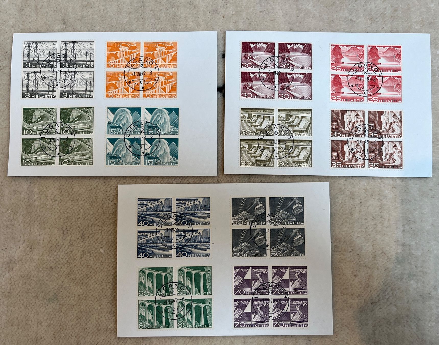 Alle Briefmarken: 1949 FDC 4er Block Technik & Landschaft blanco Lugano, RAR – Neu und originalverpackt aus Zürich von Alain-Phila