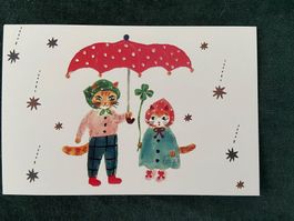 AK raindrops umbrella cats katzen mit Schirm Katzenkarte