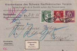 Nachnahmekarte mit Dreifarben-Frankatur Tell und Tellknabe