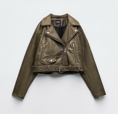 Zara Khaki Lederjacke mit Gürtel, Gr. M – Herbst Must-Have!