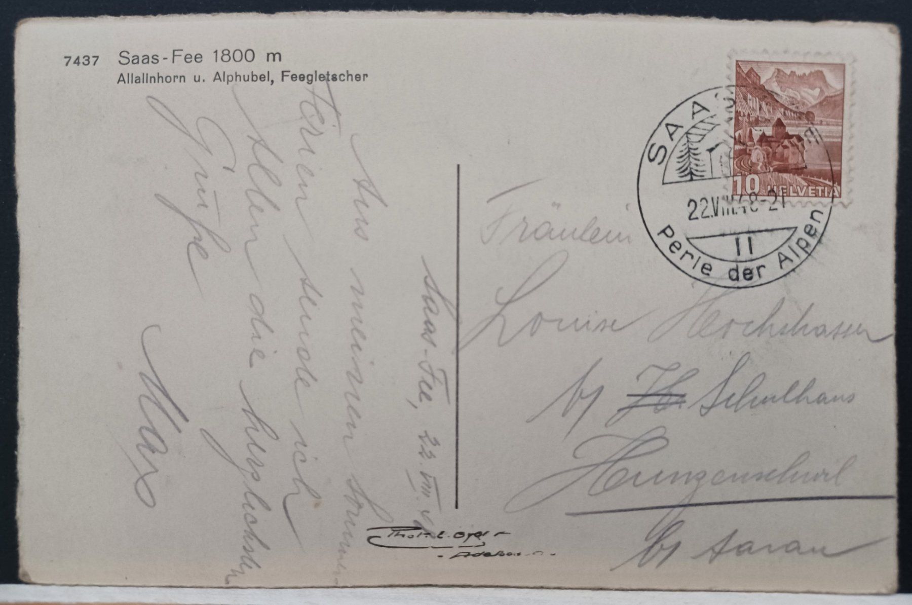 Cartoline postali: VS, Saas-Fee, vintage Ansichtskarte, 1948, No. 7437 – Usato da Aarau Rohr venduto da mgvw 1