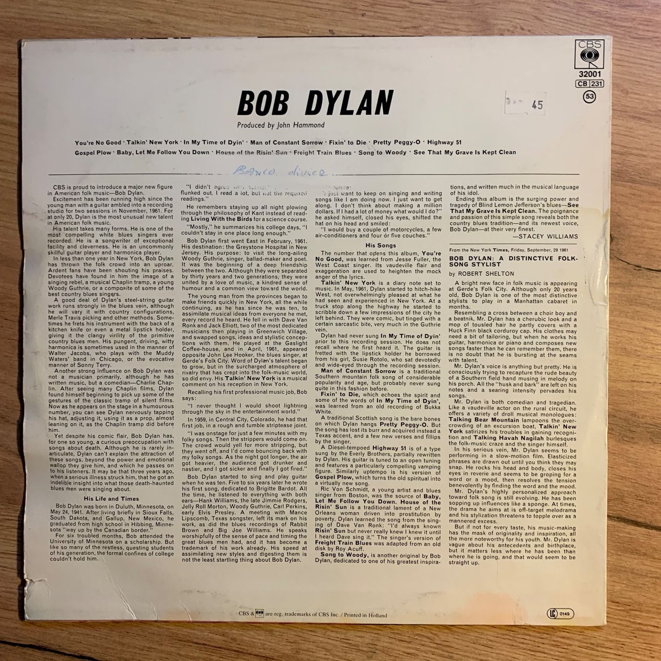 Dischi in vinile: BOB DYLAN - BOB DYLAN...RE EU 1982...VG++/VG+ – Usato da Gals venduto da Diskopatshop 1