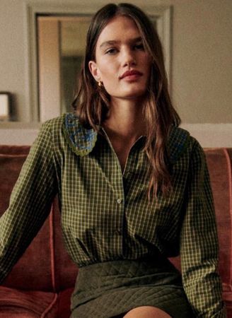Sezane Thomy Karo-Bluse, bestickter Kragen, Gr. 40