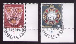 1976_576+77_EUROPA_ST. GALLER STICKEREI+UHR_ET-VOLLSTEMPEL !
