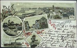 LITHO Gruss aus ROMANSHORN Kirche, Hotel Bodan, Dampfschiff