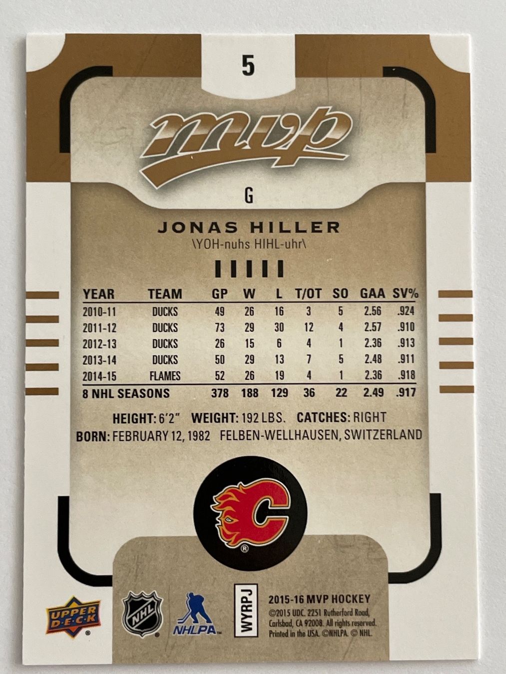 Carte collezionabili: NHL UD MVP #5 Jonas Hiller Calgary Flames – Usato da Grüningen venduto da Peterpan99 1