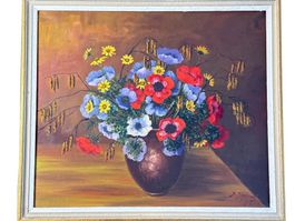 Tableau de fleurs colorées, peinture à l'huile signée