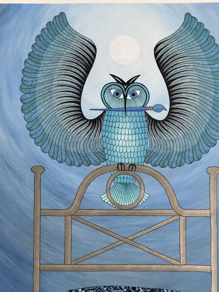 Poster & Bilder: Kunstwerk: Handgemaltes Bild mit Eule & Bett, blau. – Gebraucht aus Gunten von starfish3 4