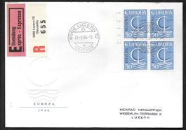 FDC Nr. 444 Viererblock Exprès-Brief ET Luzern 26.9.1966