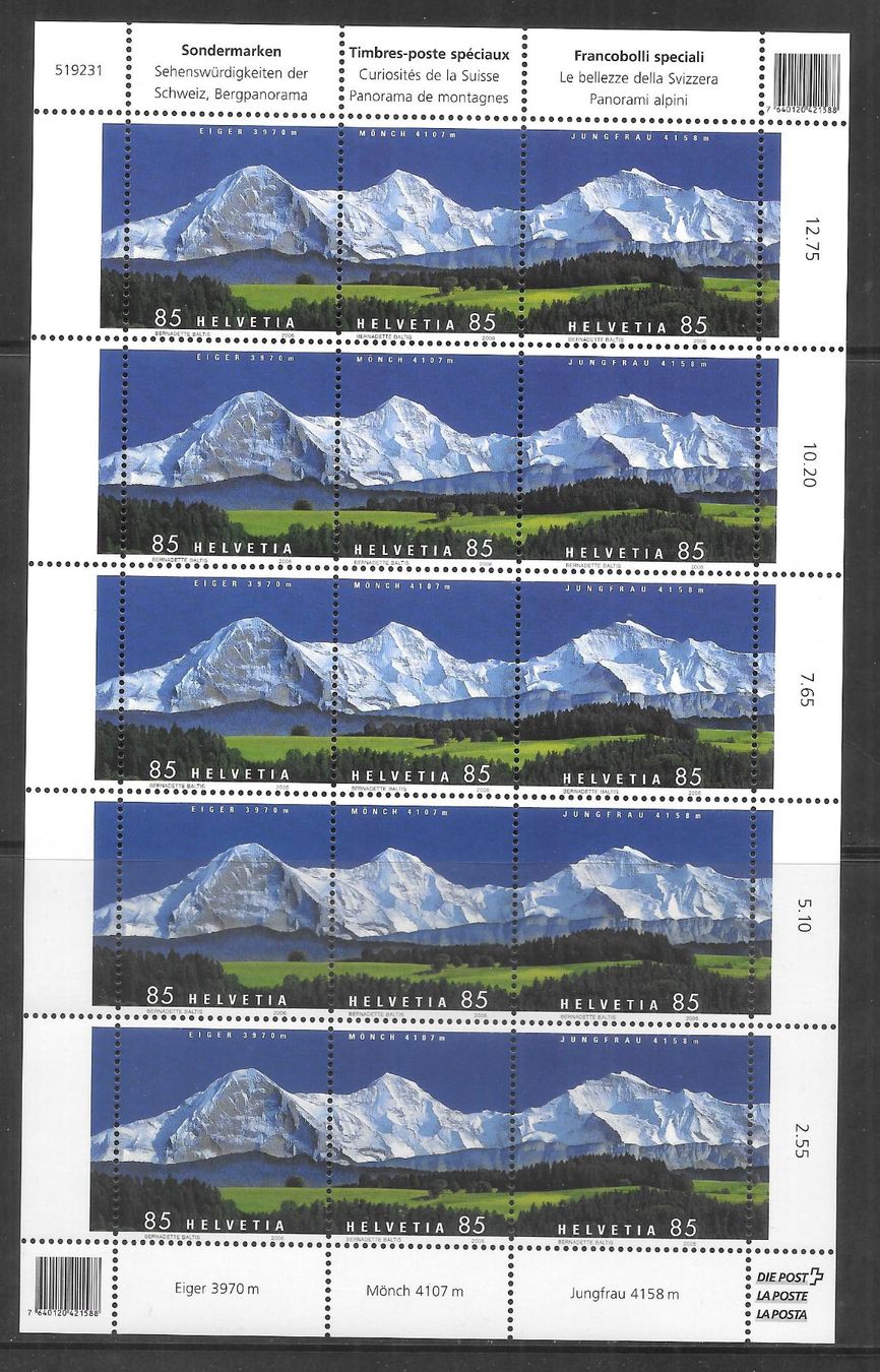 Tutti i francobolli: Kleinbogen OZ 165 Eiger Mönch Jungfrau ** 9.5.2006 – Nuovo (secondo la descrizione) da Olten venduto da clotaldi