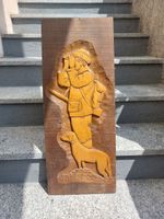 Wooden sculpture of a hunter with a dog, 73 x 30 x 3 cm