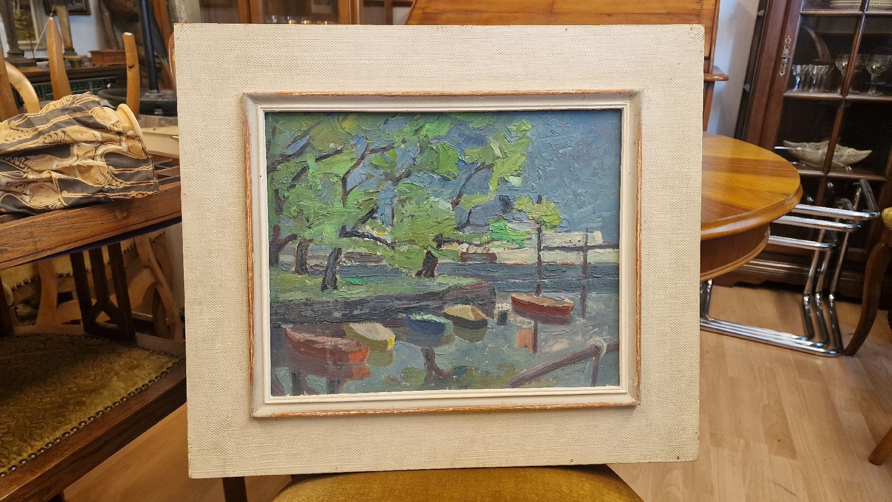 Dipinti: Gemälde "Boote am See", Öl auf Platte – Usato da BERN venduto da Intarsia 1