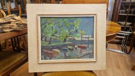 Gemälde "Boote am See", Öl auf Platte