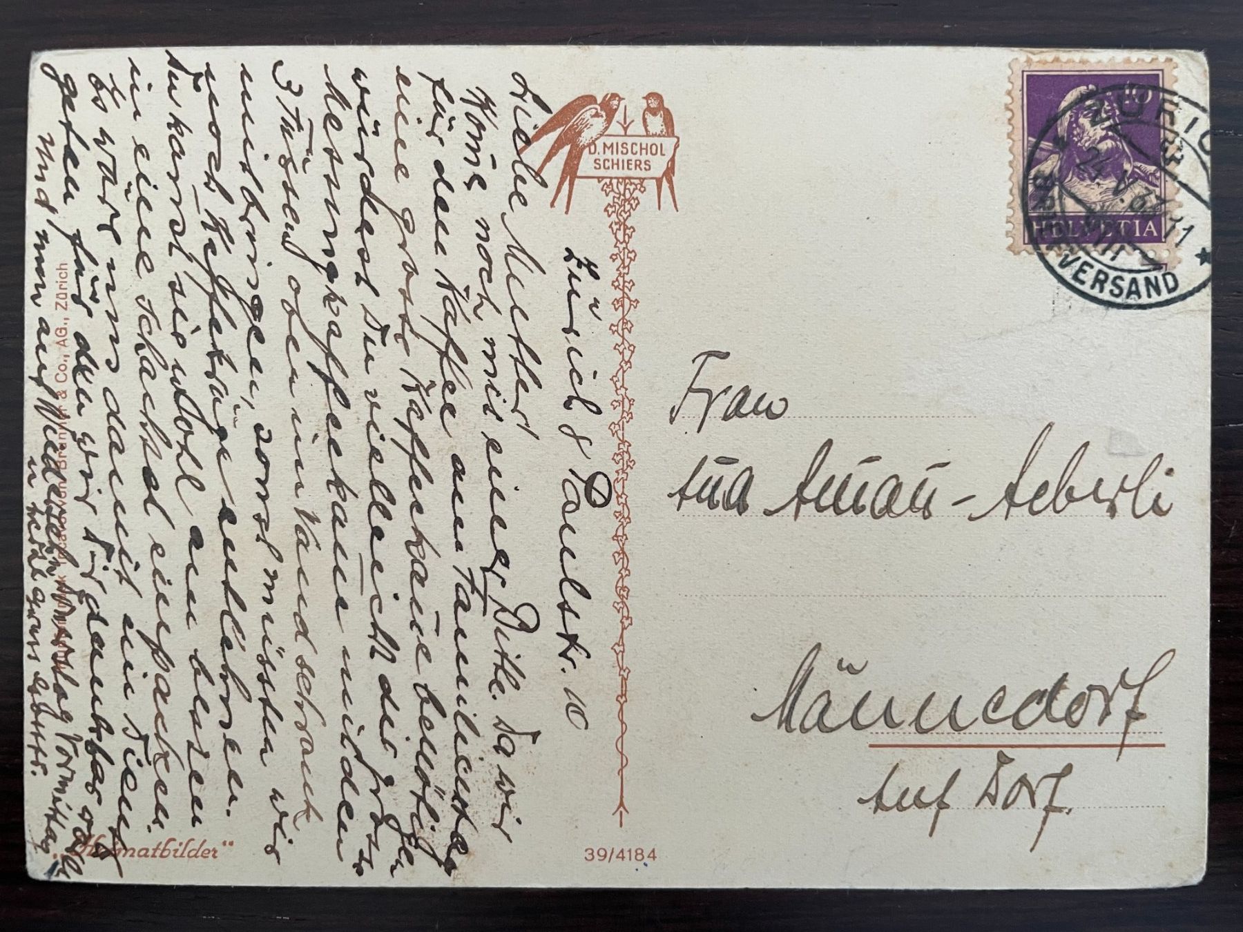 Cartoline postali: VISP Kirchen, Ortspartie, Mischol, "Heimatbilder", 1933 – Usato da Wald ZH venduto da TLILEF 1