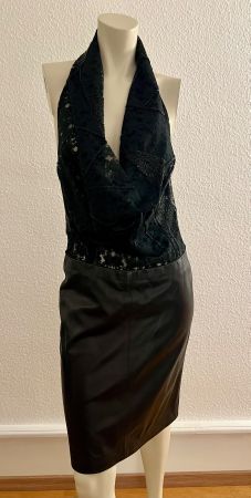 Hugo Boss rückenfreies Kleid schwarze Spitze Leder Gr. 36/S