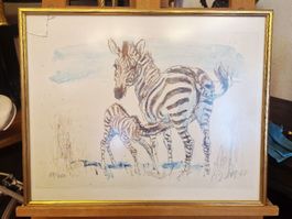 Fritz Hug Lithografie Zebra mit Fohlen, handsigniert datiert