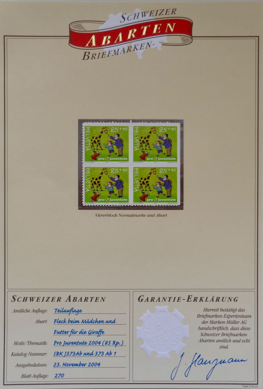 Tutti i francobolli: 2004 Abart PJ SBK 373Ab.1 / 373Ab.2 ** – Nuovo (secondo la descrizione) da Möhlin venduto da PHILABARTIS