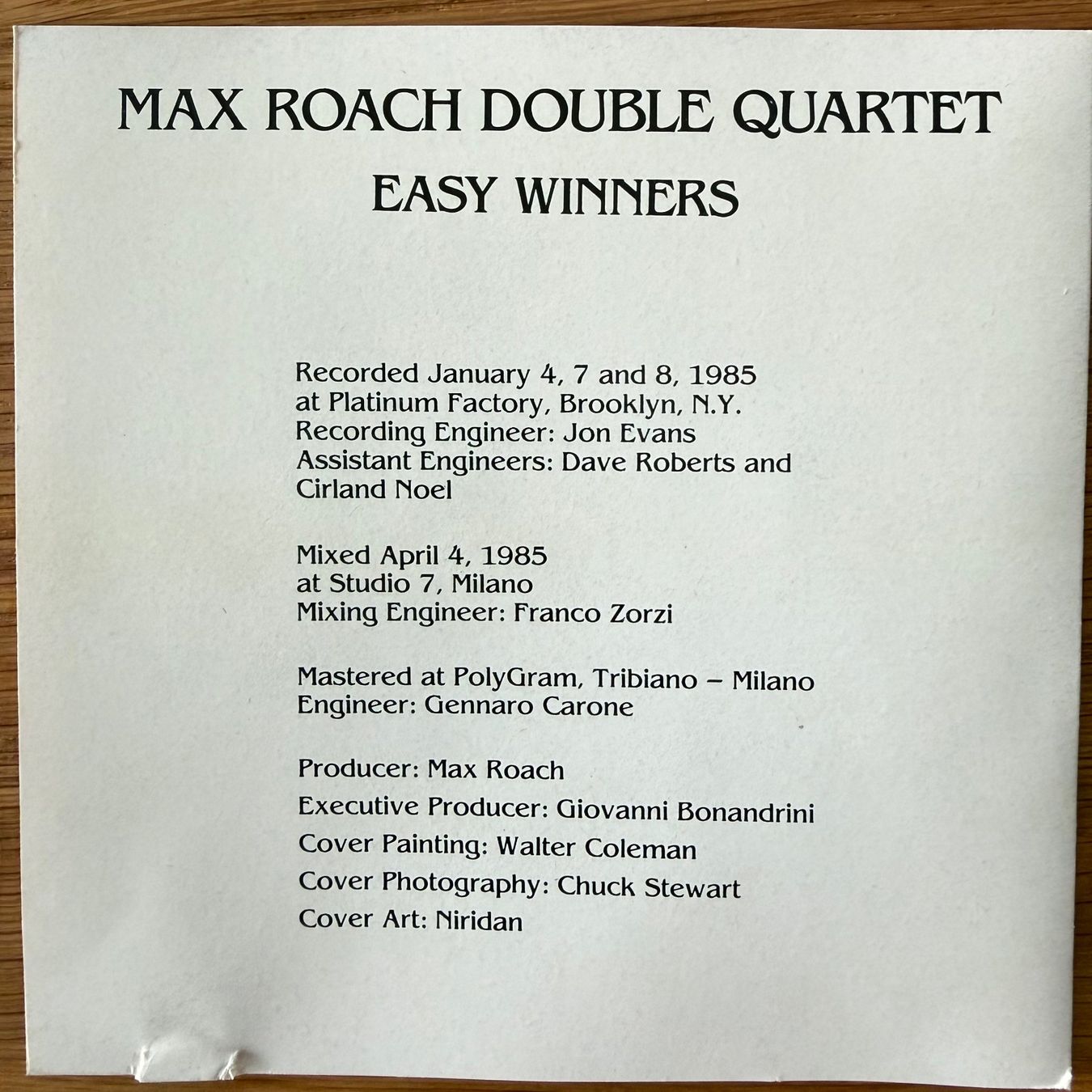 CD: Max Roach Double Quartet - Easy Winners (CD) Soul Note 1985 – Usato da Zug venduto da Mirare9 2