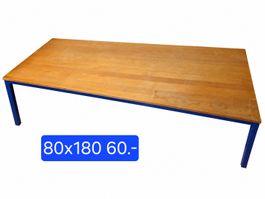 Tisch Holzplatte blaues Metallgestell 80x180cm