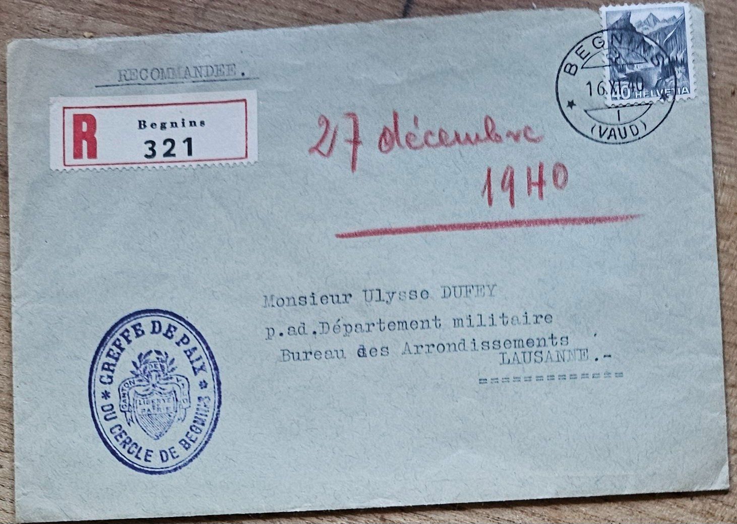 Tutti i francobolli: Lettre recommandée BEGNINS - LSNE 1940 – Usato da Les Valettes venduto da Nuba1