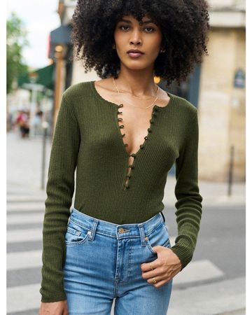 Langarmshirt Nathael dunkelgrün geknöpft Grösse 34/36