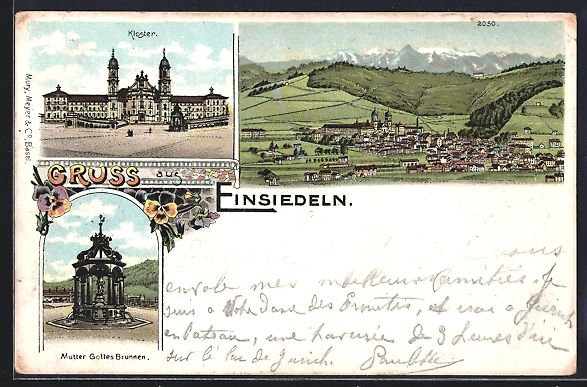 Cartes postales: Litho Einsiedeln, Teilansicht, Kloster,  – D'occasion à Berlin par bartko-reher