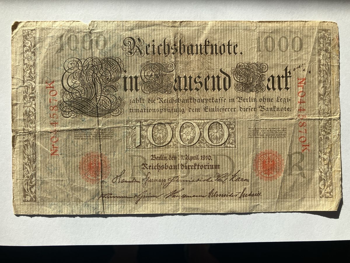Banconote: 1000 Mark Reichsbanknote 1910 Germany – Difettoso da Wettingen venduto da BAG4478