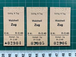 Walchwil - Zug, 3 alte Bahn Billette, SBB, 2904, 2905, 2906