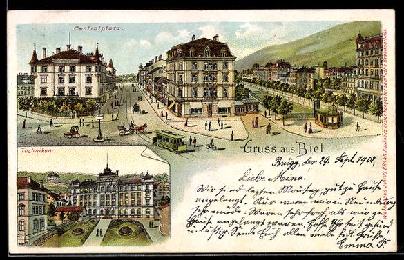 Ansichtskarten: Lithographie Biel / Bienne, Centralplatz, Technikum, Straßen – Gebraucht aus Berlin von bartko-reher