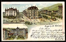 Lithographie Biel / Bienne, Centralplatz, Technikum, Straßen