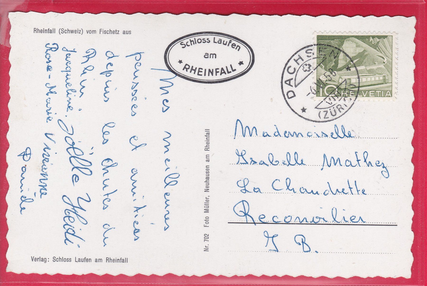 Cartoline postali: RHEINFALL VOM FISCHETZ AUS, 6.6.1958 – Usato da Oberrieden venduto da Gebirgsstelze 1