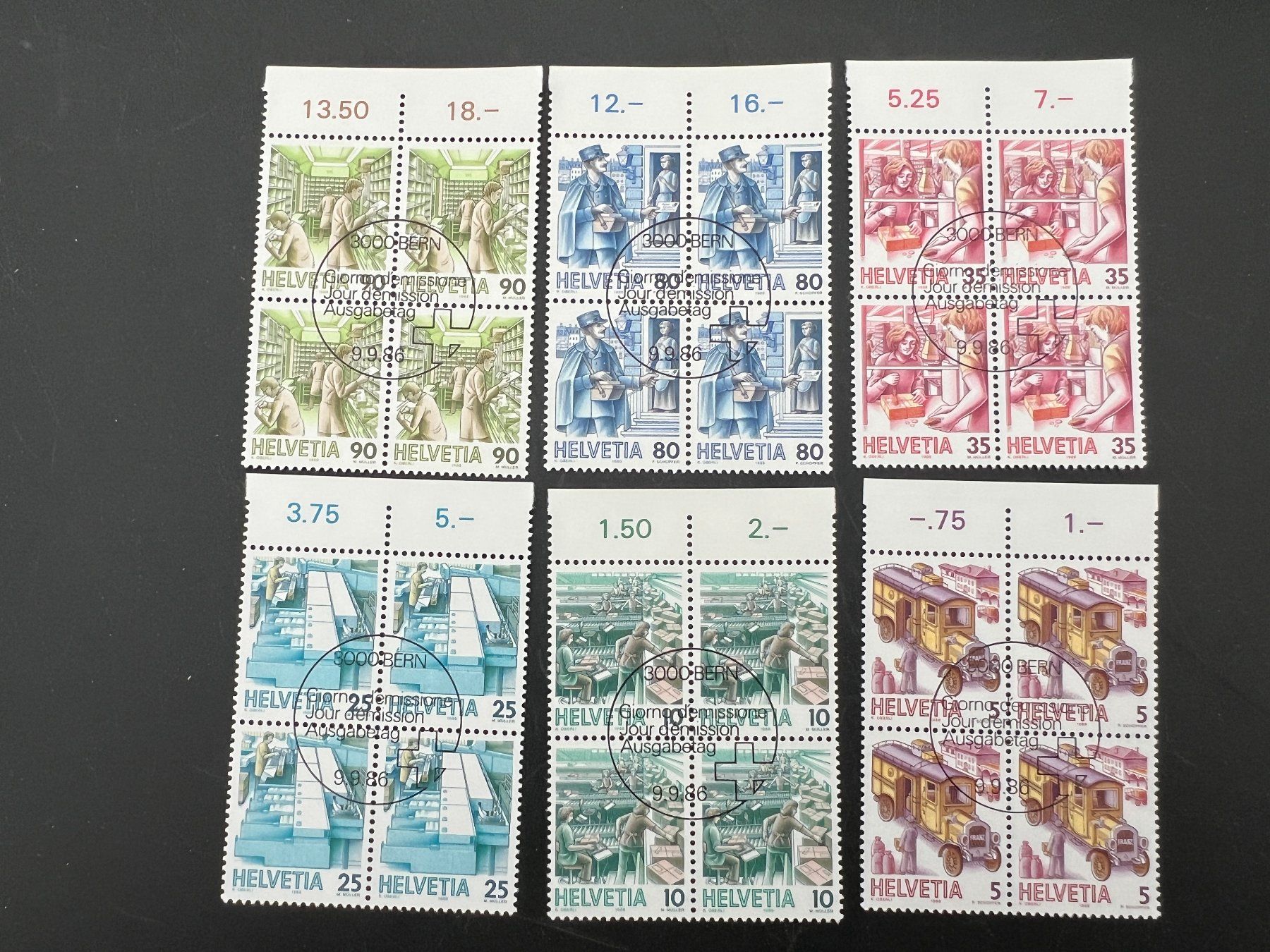Alle Briefmarken: 1986  Erstag gest.Viererblock mit Tab (K59) – Gebraucht aus Hinwil von Sidi4