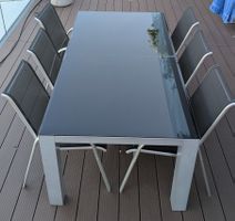 Moderne Garten-Sitzgruppe: Tisch mit Glasplatte + 6 Stühle