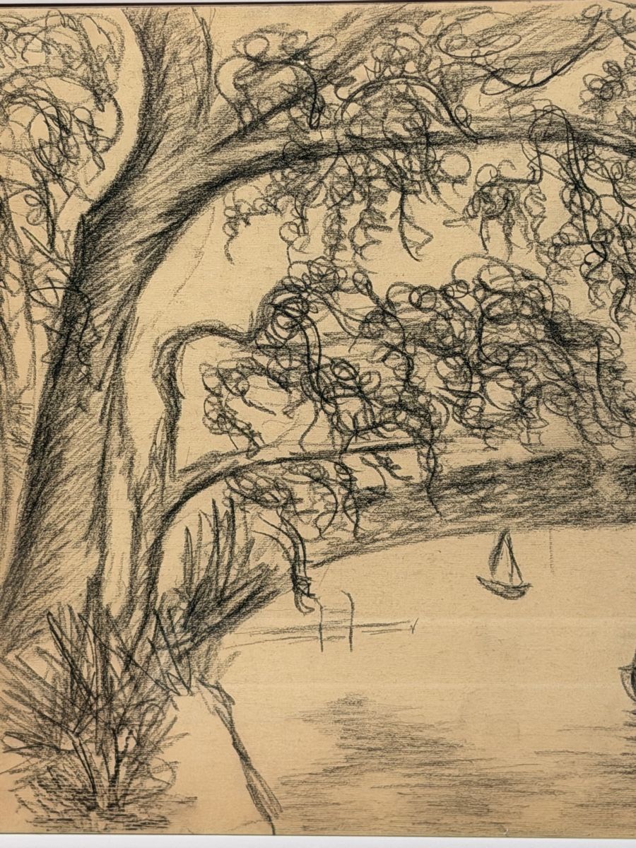 Dipinti: Framed Charcoal Drawing - Trees and Boats, signed Muller – Usato da Lausanne venduto da artnouveau05 1