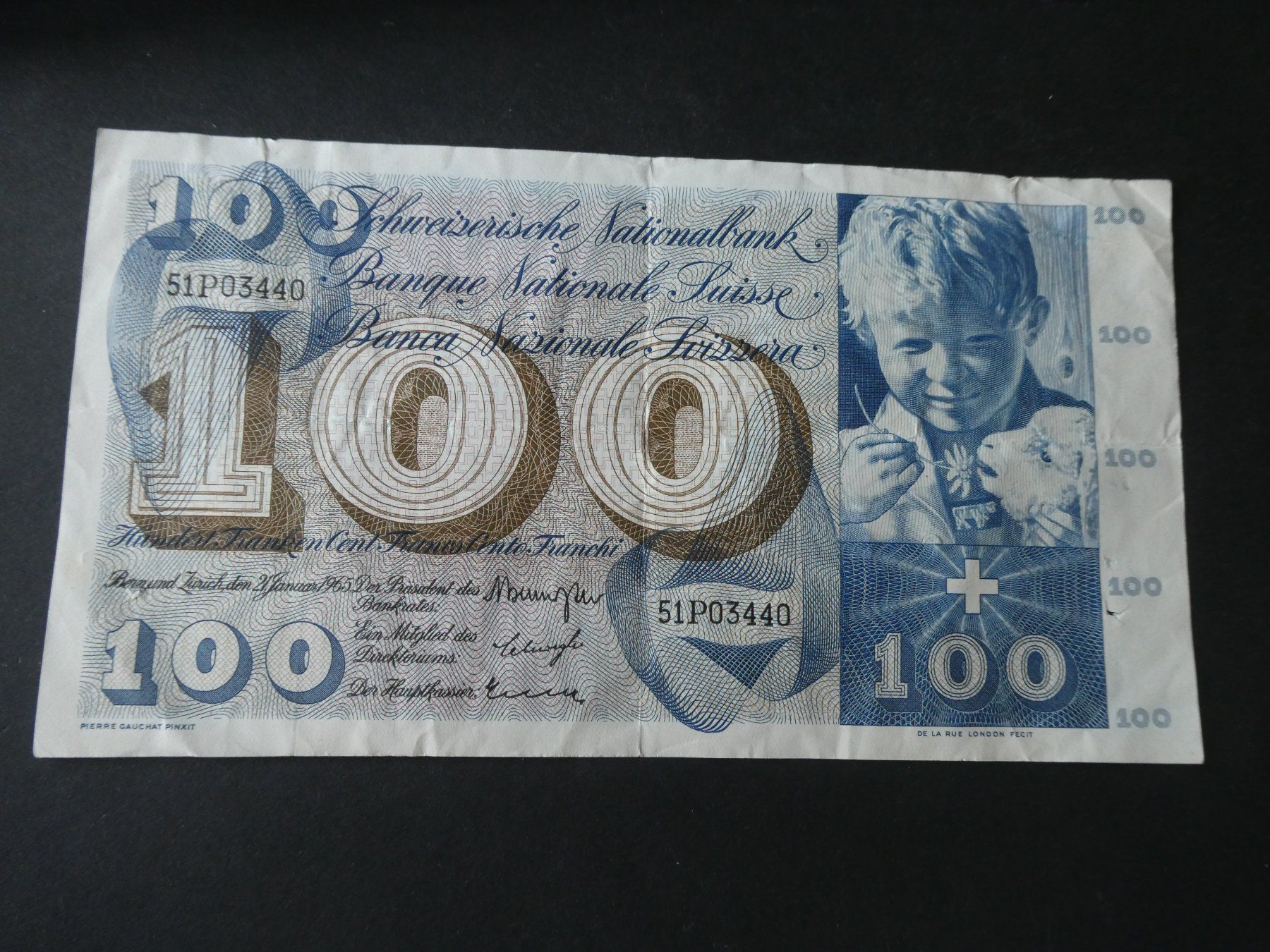 Banconote: Schweiz 1965,  100 Franken – Usato da Hinterforst venduto da Rohusri