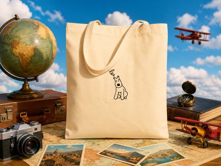 Tote bag brodé main – petit chien BD rétro comics vintage