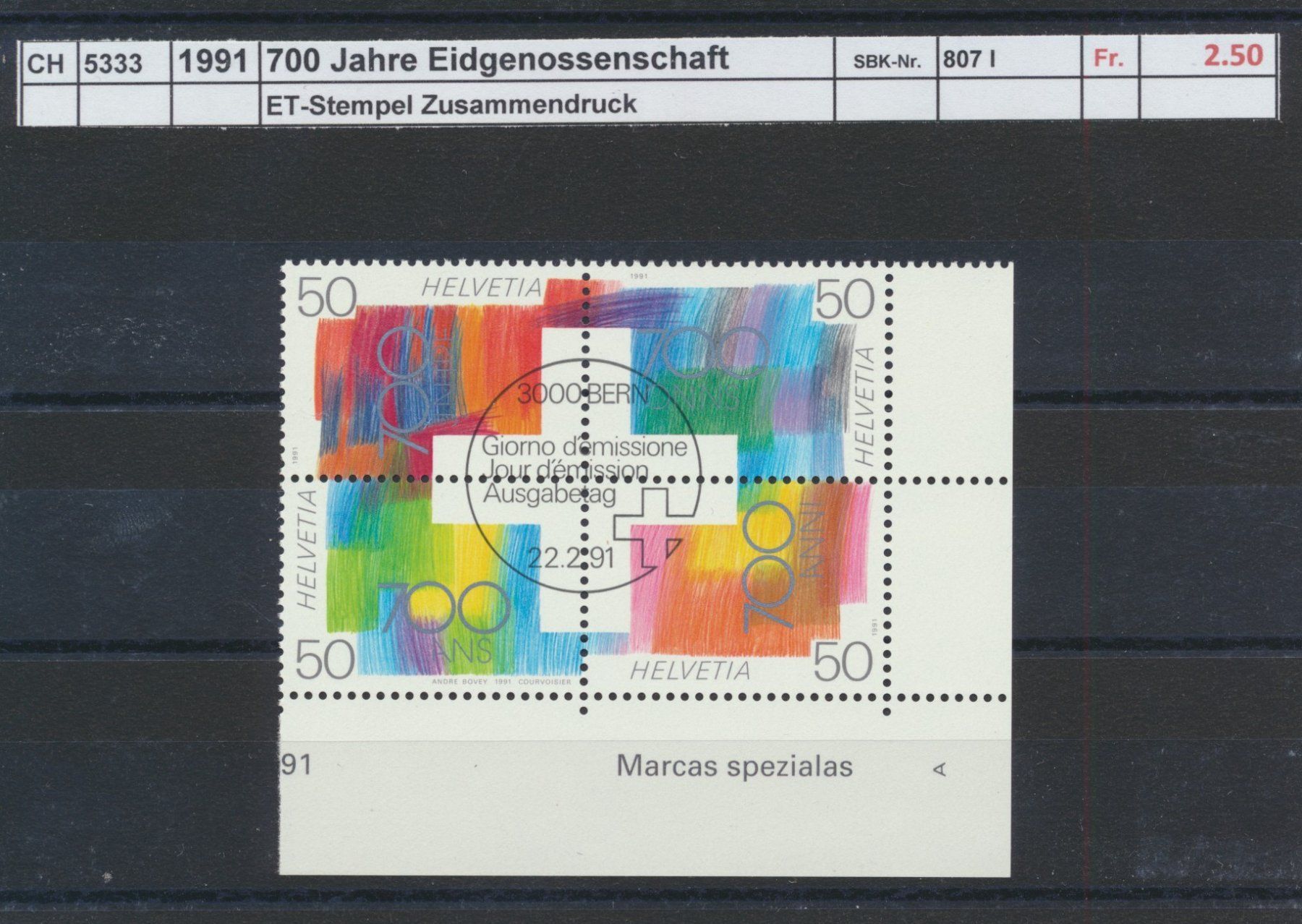 Tutti i francobolli: 1991 "700 Jahre Eidgenossenschaft", Viererblock, ET- Stempel – Usato da Winterthur venduto da Zupogeru