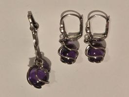 Silberohrringe + Anhänger mit Amethyst-Kugel, Silber, NEU