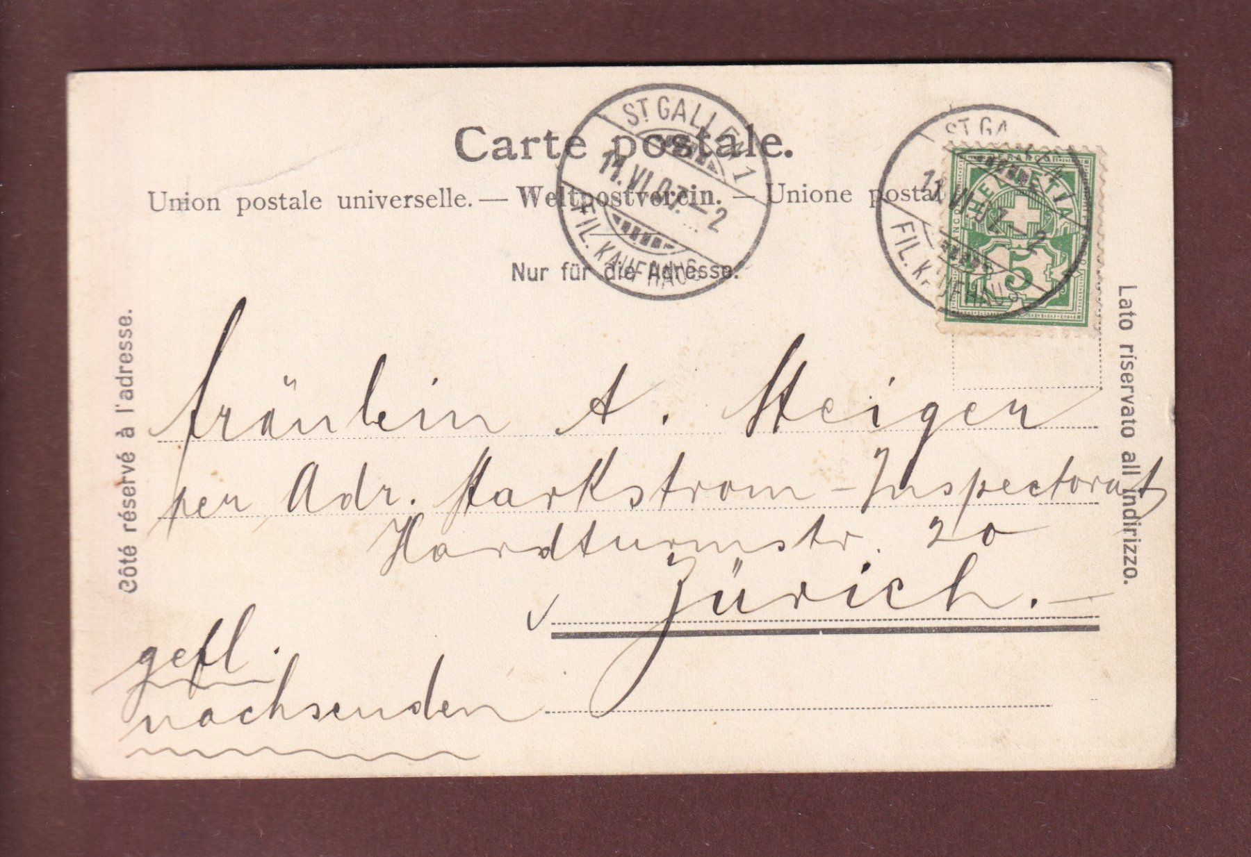 Cartoline postali: ST. GALLEN - Linsenbühlquartier - 1907 – Usato da Pully venduto da nicecards 1