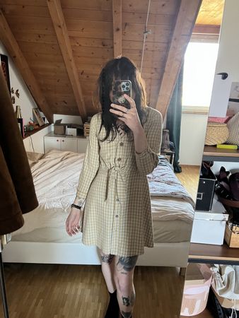 ROBE MANGO BEIGE À CARREAUX - M