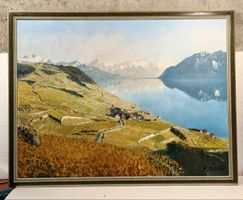 Painting Landscape Lake Mountains Village Signed E. ROSSET