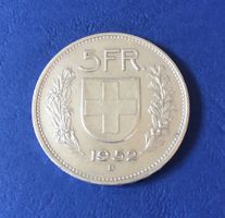5 Franken silber 1952 Fehlprägung, Teil-ausgefüllte 9 ss
