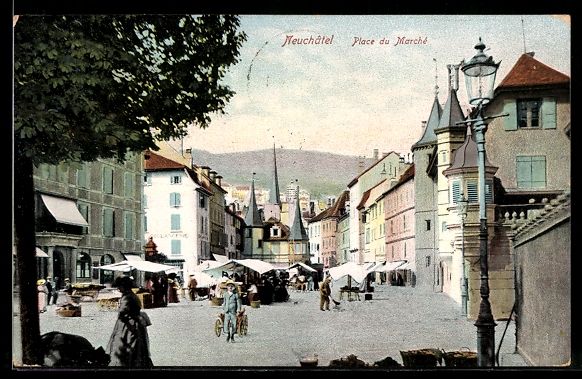 Cartoline postali: AK Neuchatel, Place du Marche – Usato da Berlin venduto da bartko-reher