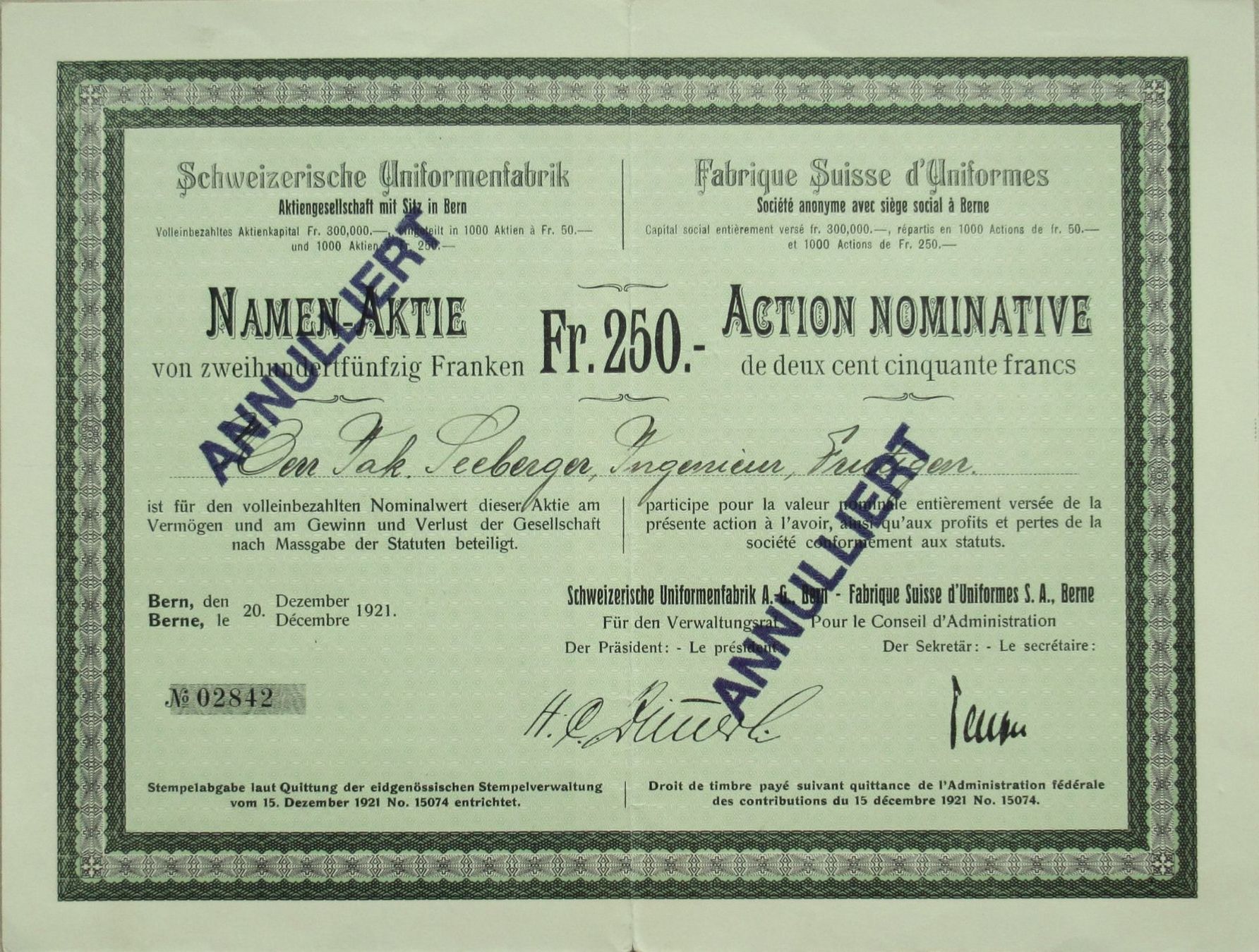 Documenti: original 2 SCHWEIZERISCHE UNIFORMENFARBIK AG Bern 1921 – Usato da Lohn-Ammannsegg venduto da rrrikko 5