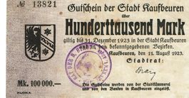 Kaufbeuren 100000 Mark+Stempel 31.12.1923 SS+-SS++