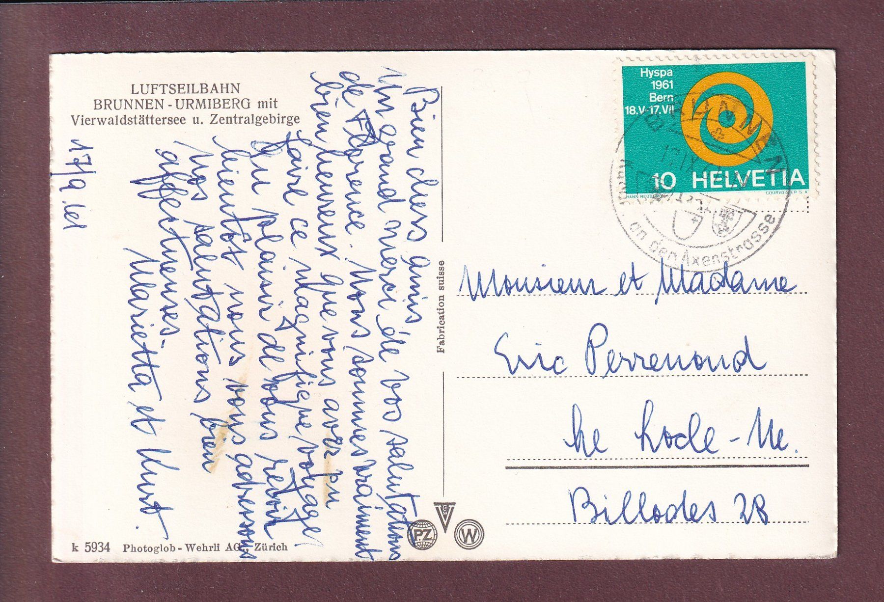 Cartoline postali: Luftseilbahn BRUNNEN-URMIBERG - 19611 – Usato da Pully venduto da nicecards 1
