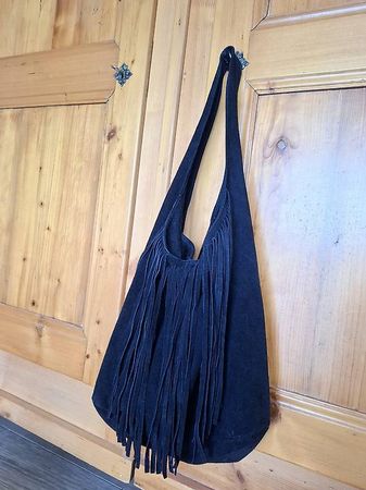 Sac à franges vintage en cuir noir - Schwarze Ledertasche 