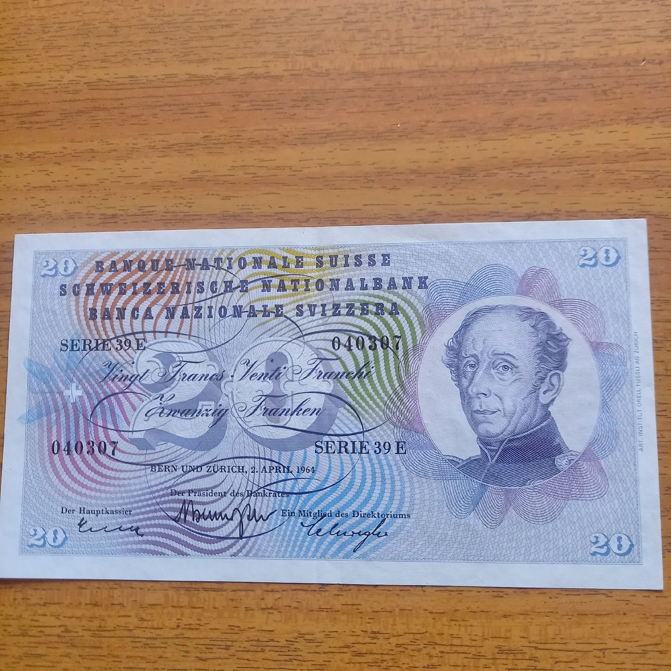 20 CHF Note, 1964, Serie 39E - gut erhalten! Sammlerstück (Gebraucht ...