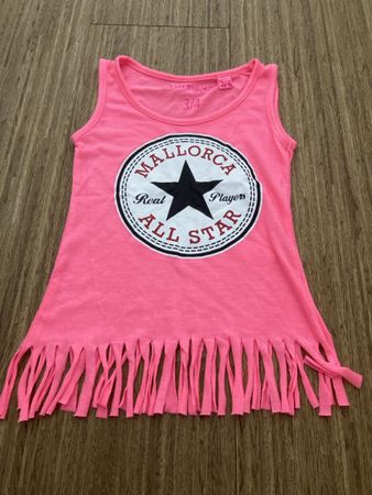 Sommerliches Top, Gr. 3/4, pink mit Fransen, Mallorca-Print