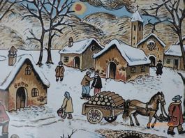 Schönes Winterbild gemalt auf Plättli gerahmt und signiert.